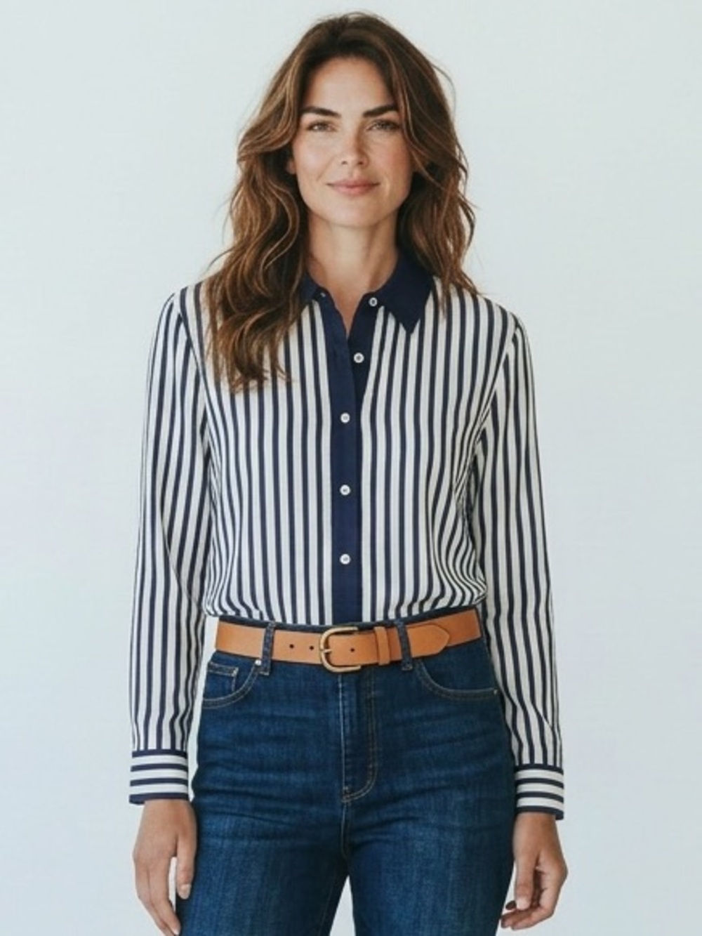 Faconnable Women's Contrast Stripe Navy White Button Up Shirt Size M 100% Cotton